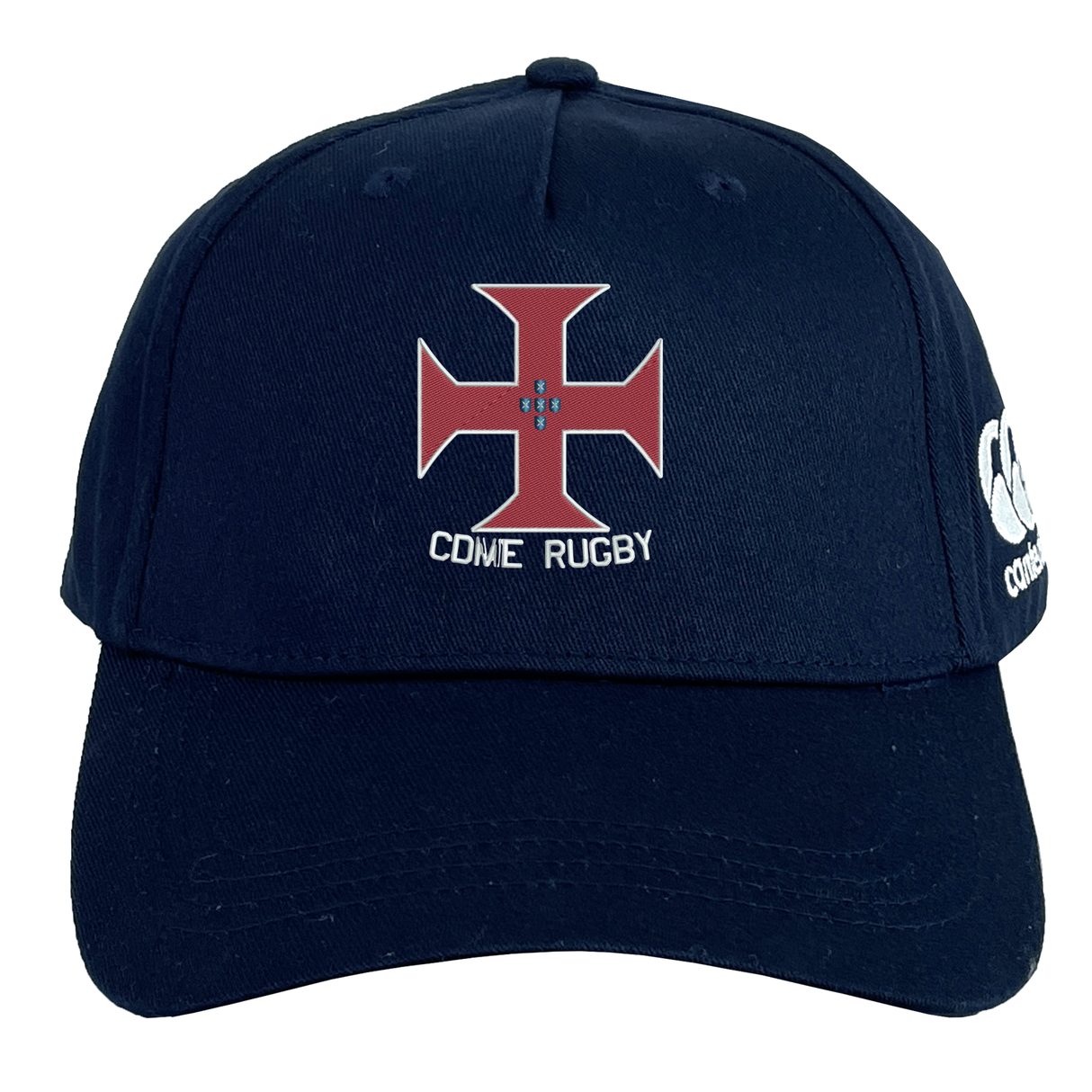 Introducing the SF CDME Rugby Flexfit Drill Cap by Canterbury—a navy blue cap from EMB Canterbury, featuring a red cross emblem and "CDME RUGBY" text on the front, a white CCC logo on the side, and a classic curved brim for authentic rugby style.