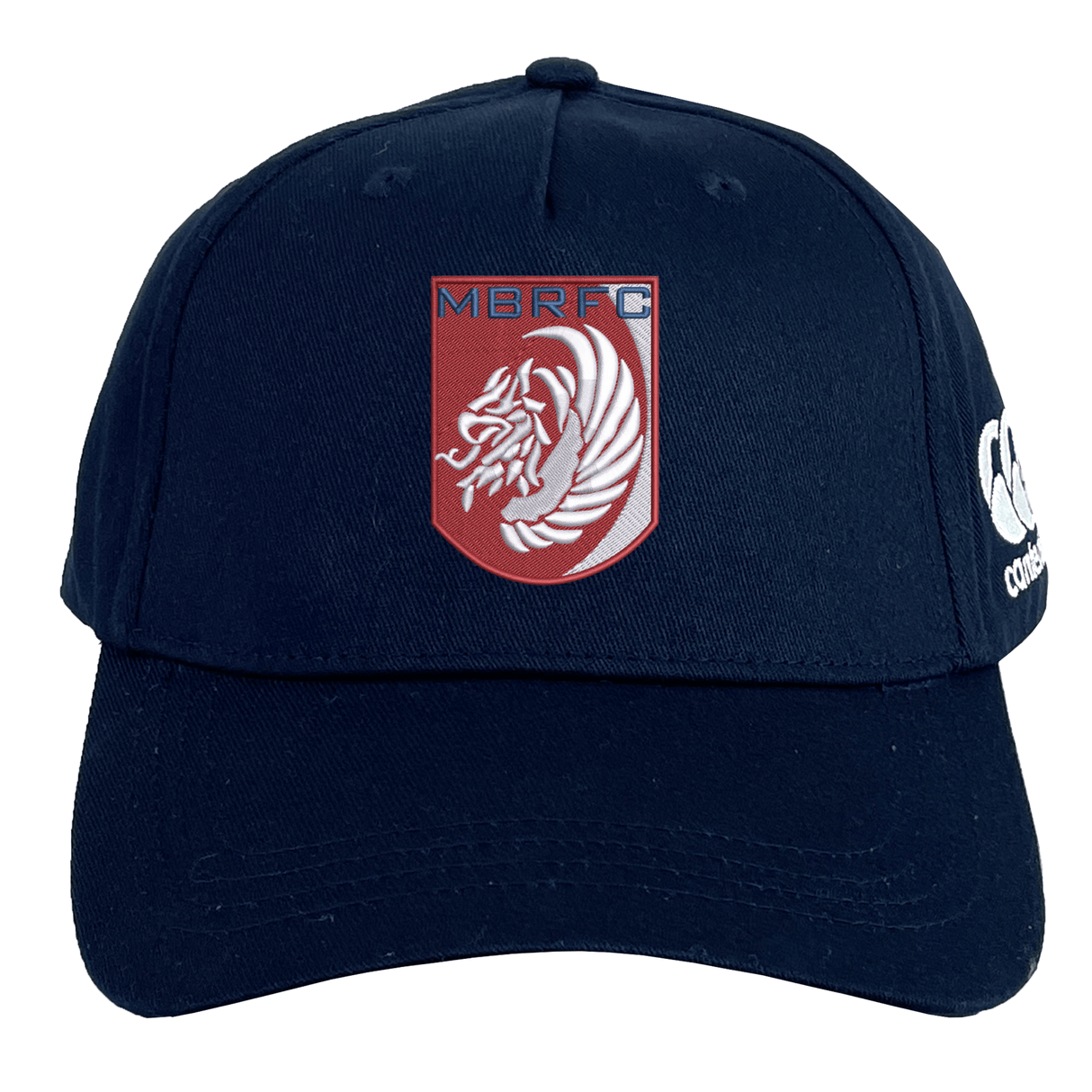 The Montgomery Bucks Griffins Flexfit Drill Cap by EMB Canterbury is navy blue, featuring a red and white lion crest with "MBRFC" on the front and a white CCC logo on the side.
