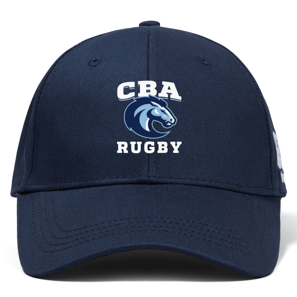 The Christian Brothers Academy Rugby Flexfit Drill Cap by EMB Canterbury comes in navy blue with a curved brim, highlighting "CBA Rugby" and an embroidered horse head logo on the front.
