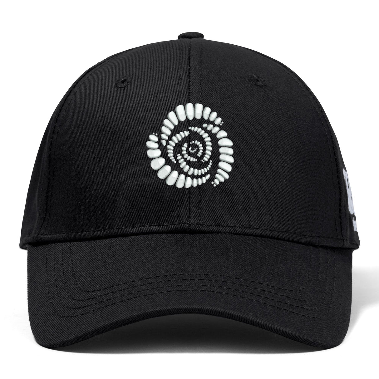 The Missoula All-Maggots Flexfit Drill Cap by EMB Canterbury features a black design with a white spiral pattern of oval shapes and an embroidered logo on the front.