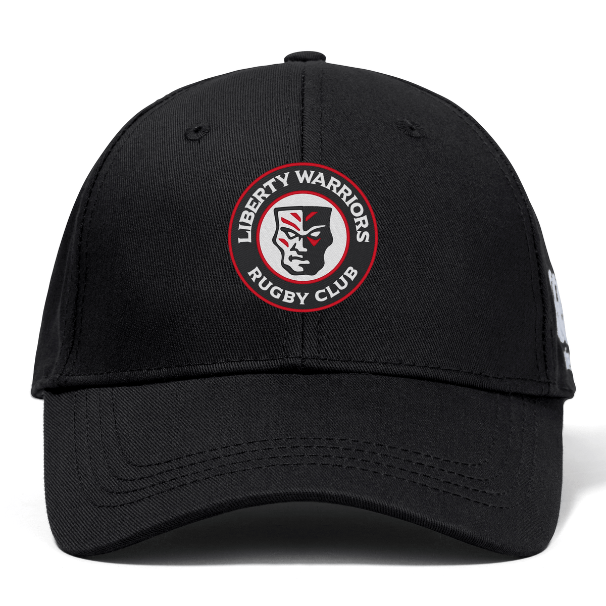 Liberty Lake Warriors Flexfit Drill Cap by Canterbury, a black baseball cap with a curved brim and the "Liberty Warriors Rugby Club" logo on the front, created by EMB Canterbury.