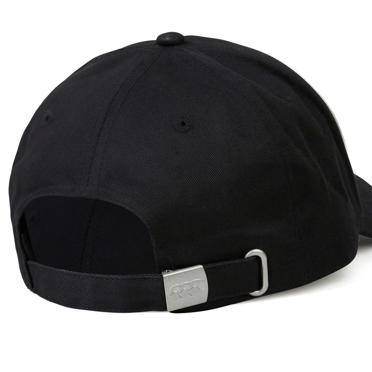 The Kenya Shield Flex Drill Cap by EMB Canterbury is a black cap with an adjustable strap and metal buckle, shown from the back.