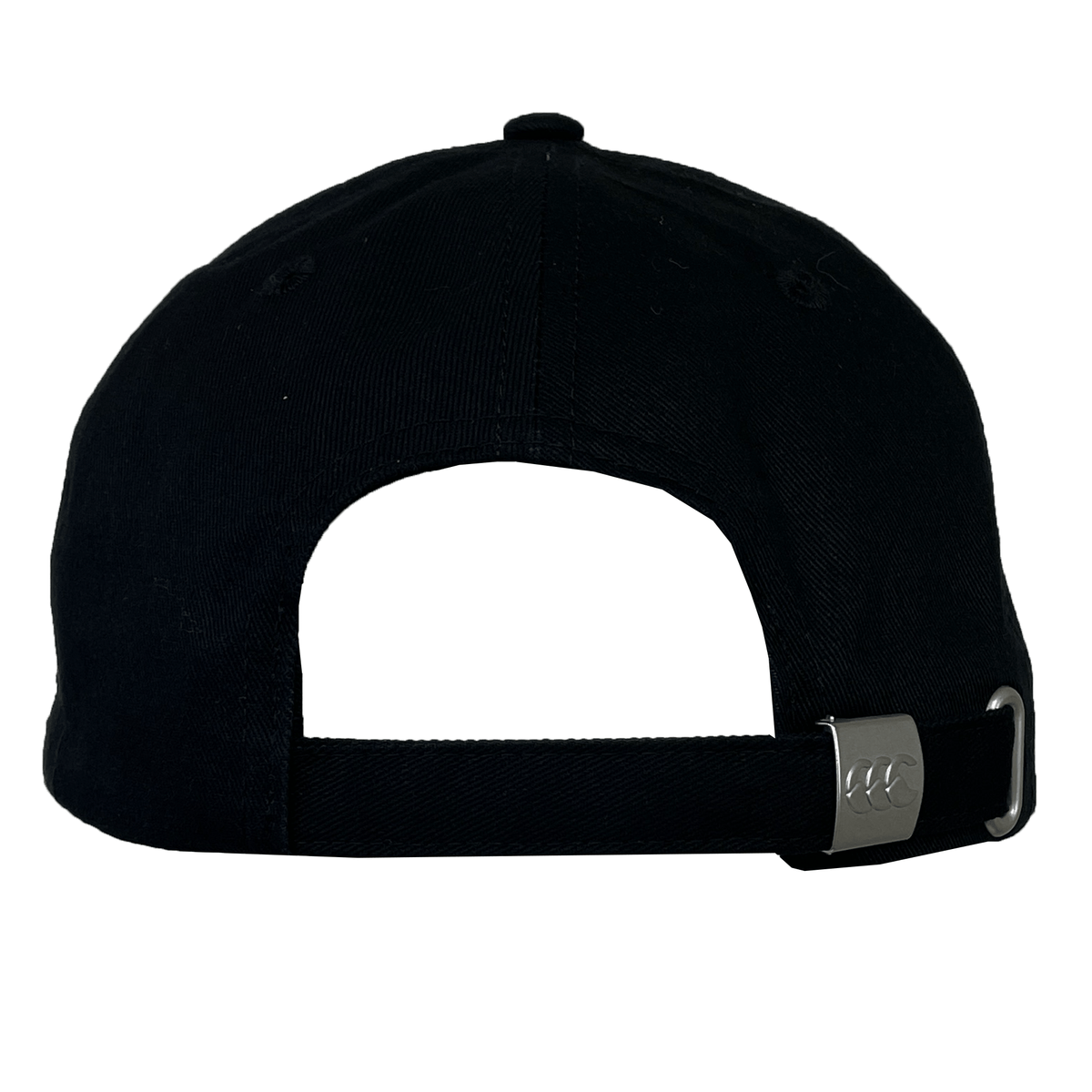 Black Canterbury Canterbury Flexfit Drill Cap viewed from the back, featuring an adjustable strap with a metal buckle.