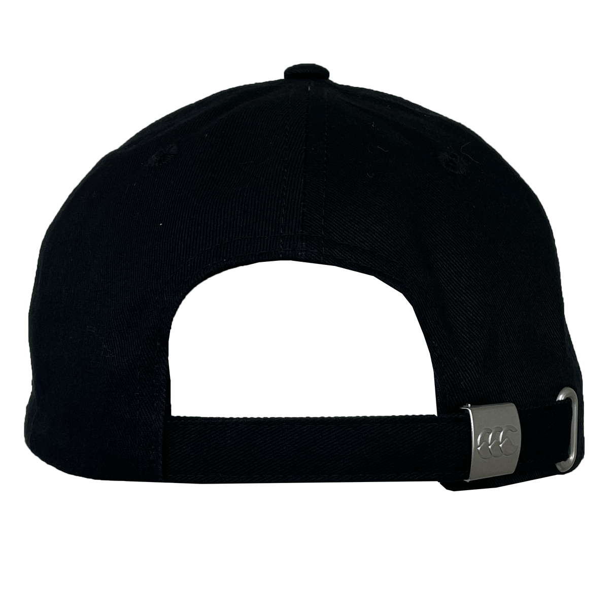 Back view of the black Birmingham Rugby Text Logo Flexfit Drill Cap by EMB Canterbury, featuring an adjustable strap with a silver clasp.