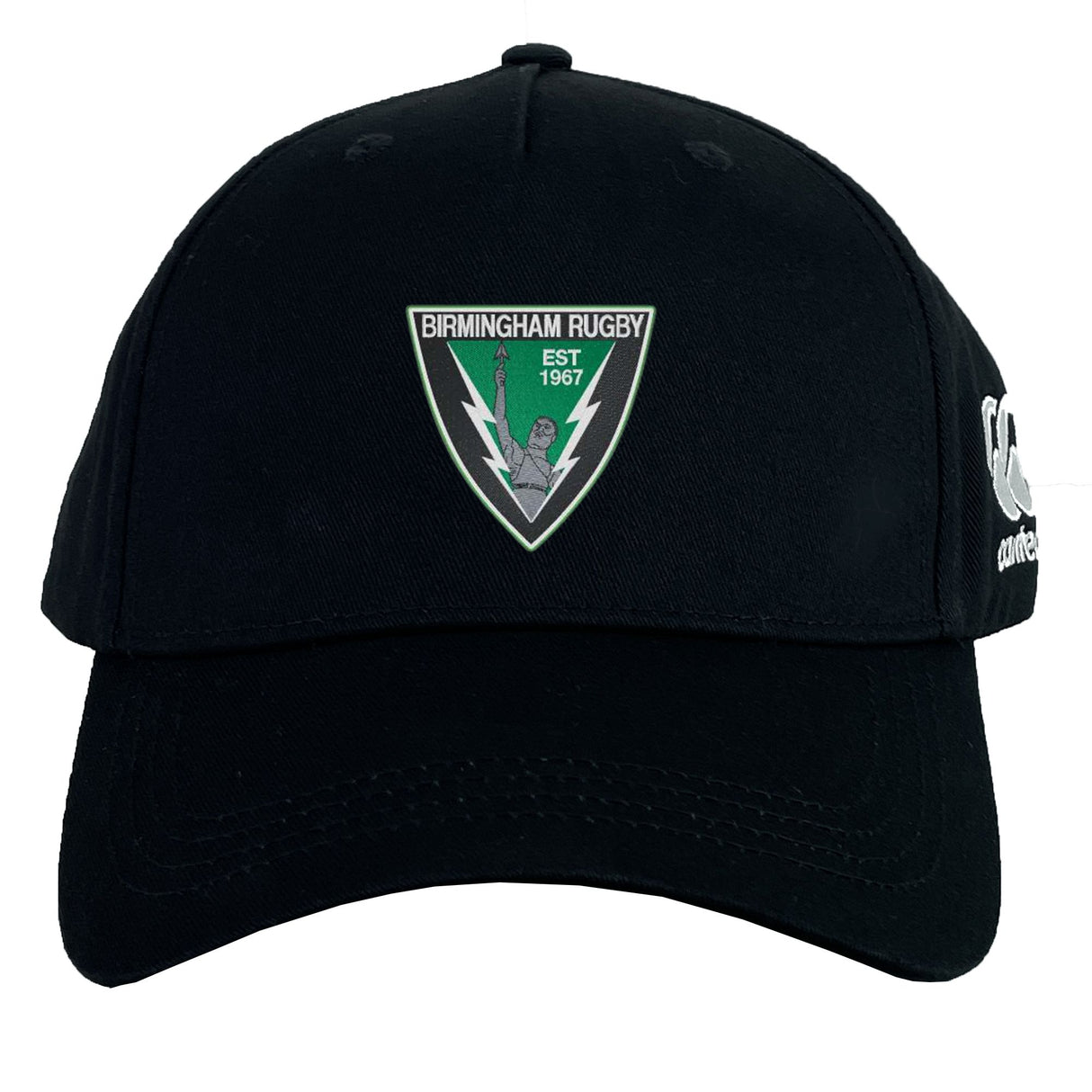 The Birmingham Rugby Flexfit Drill Cap by Canterbury features a curved brim, the Birmingham Rugby crest on the front, and a white embroidered CCC logo on the left side. Brand: EMB Canterbury.