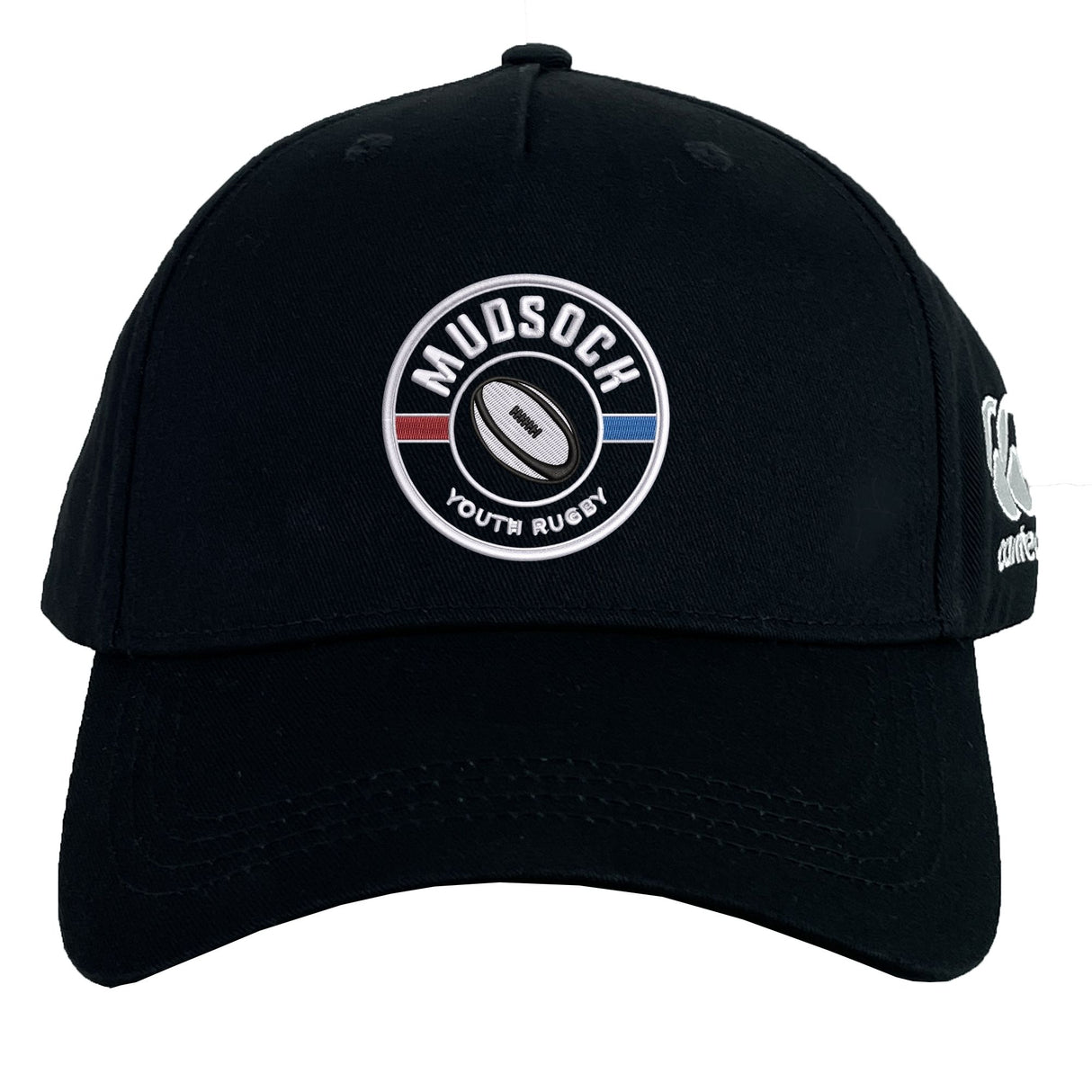 The Mudsock Rugby Flexfit Drill Cap by EMB Canterbury features "MUDSOCK YOUTH RUGBY" and a rugby ball logo on the front, plus a white CCC logo on the side.