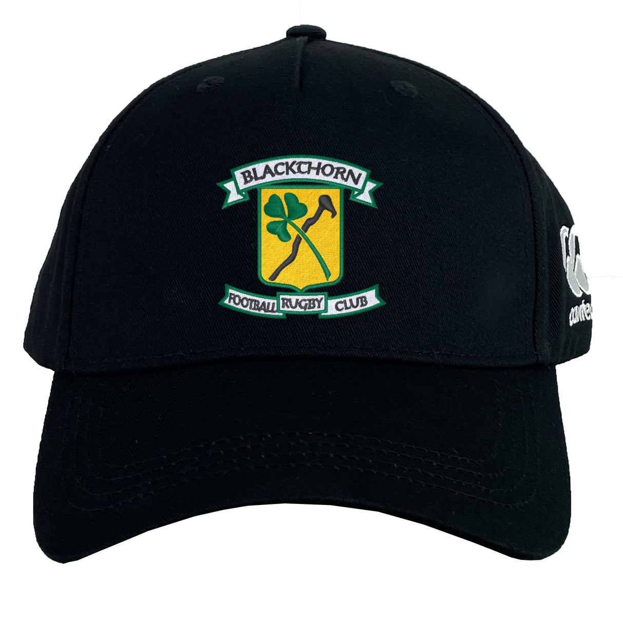 The Blackthorn RFC Flexfit Drill Cap by Canterbury features an embroidered club logo on the front and a discreet EMB Canterbury logo on the side.