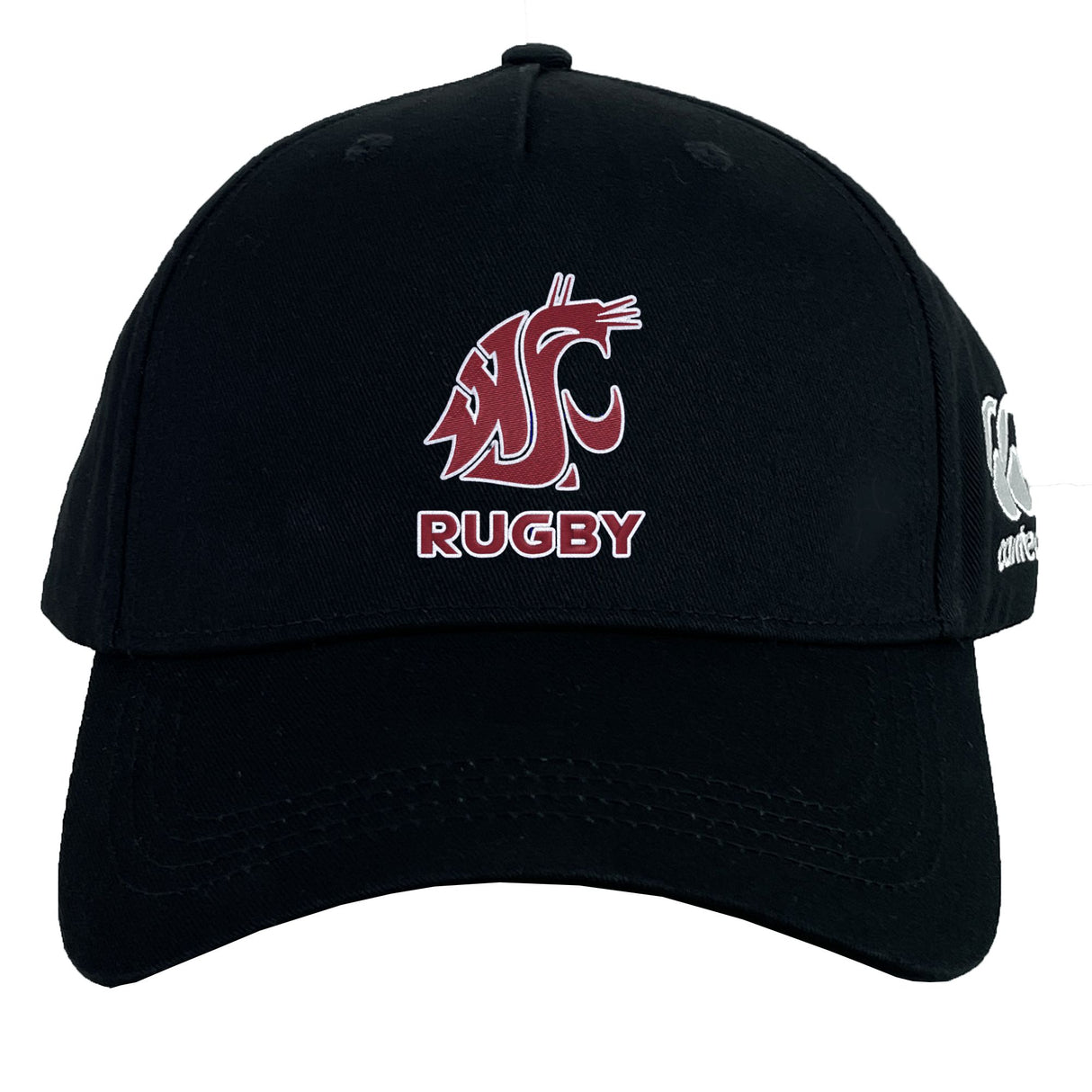 Show your WSU pride with the Washington State University Flexfit Drill Cap by EMB Canterbury, featuring a black curved brim, Cougar logo, "RUGBY" on the front, and CCC logo on the side for style and comfort.