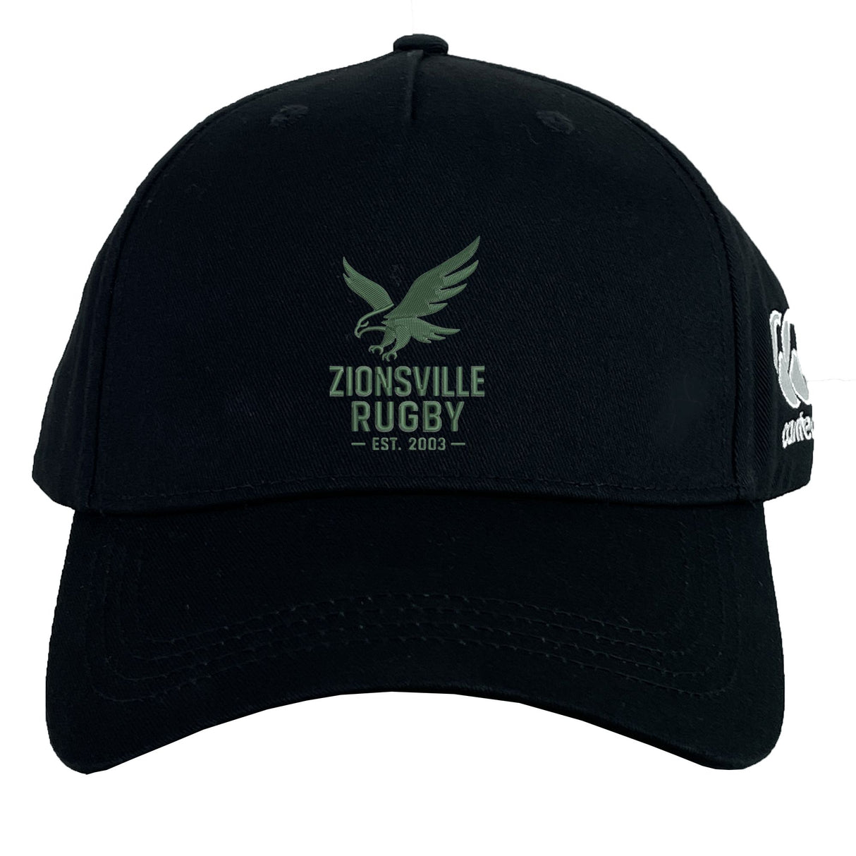 The Zionsville Rugby Club Flexfit Drill Cap by EMB Canterbury features "Zionsville Rugby Est. 2003" and an eagle logo on the front, CCC branding on the side, and delivers comfort and style in a classic curved brim design.