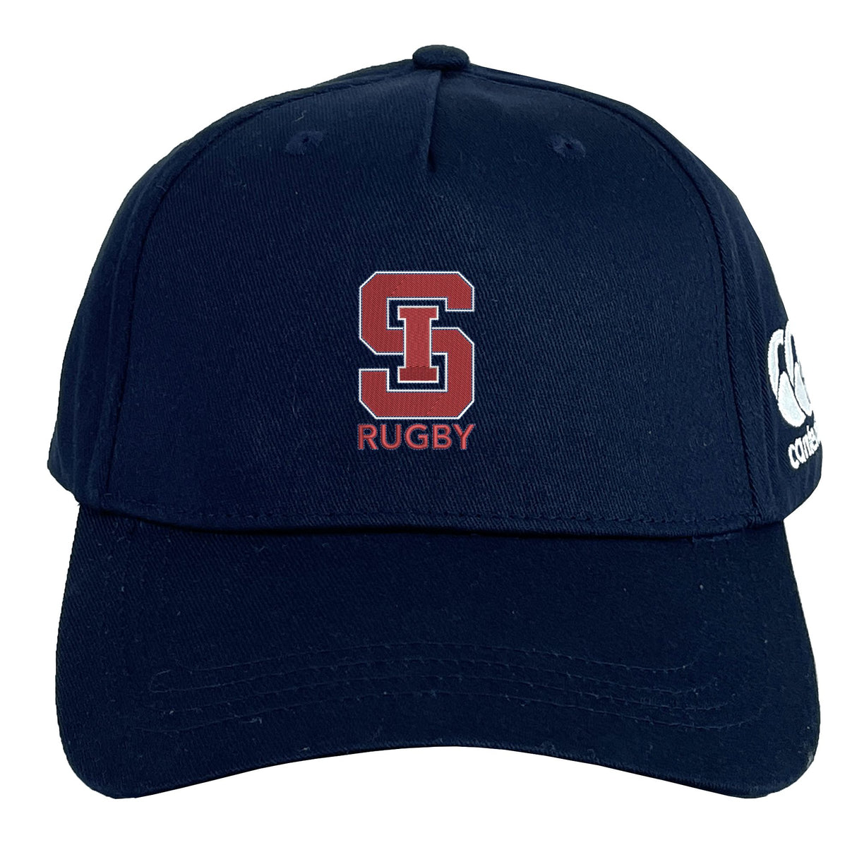 The St. Ignatius Rugby Flexfit Drill Cap by EMB Canterbury features a navy blue curved brim, red and white embroidered "S" and "RUGBY" text on the front, and a white Canterbury logo on the side.