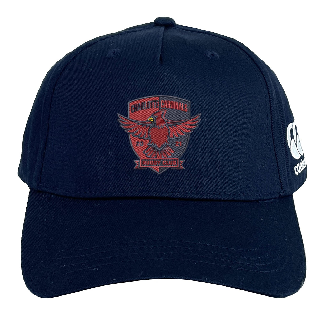 The Charlotte Cardinals Rugby Club Flexfit Drill Cap by Canterbury features a red club logo embroidered on navy blue fabric and a white EMB Canterbury logo on the side.