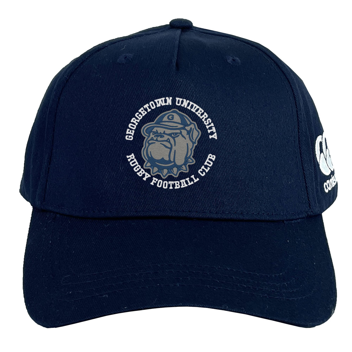 The Georgetown University RFC Flexfit Drill Cap by EMB Canterbury features "Georgetown University Rugby Football Club" and an embroidered bulldog logo on the front, with a "CCC" logo on the side.