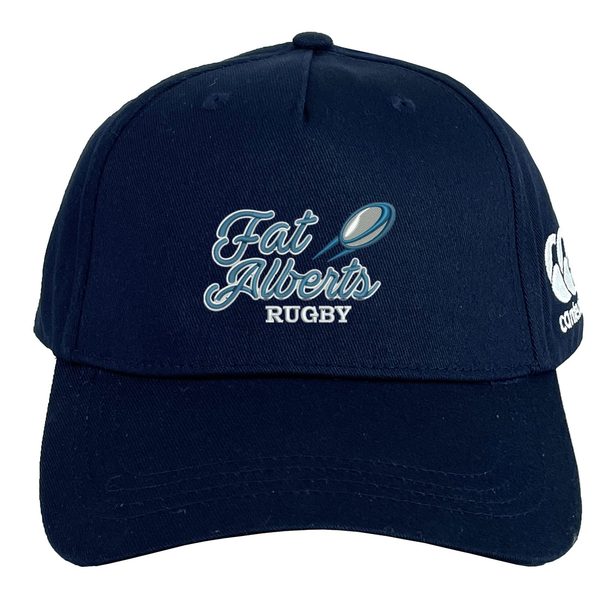 The Gulf Coast Fat Alberts Flexfit Drill Cap by EMB Canterbury features "Fat Alberts Rugby" and a rugby ball graphic on the front, a white CCC logo on the side, and a classic curved brim for comfort and style.