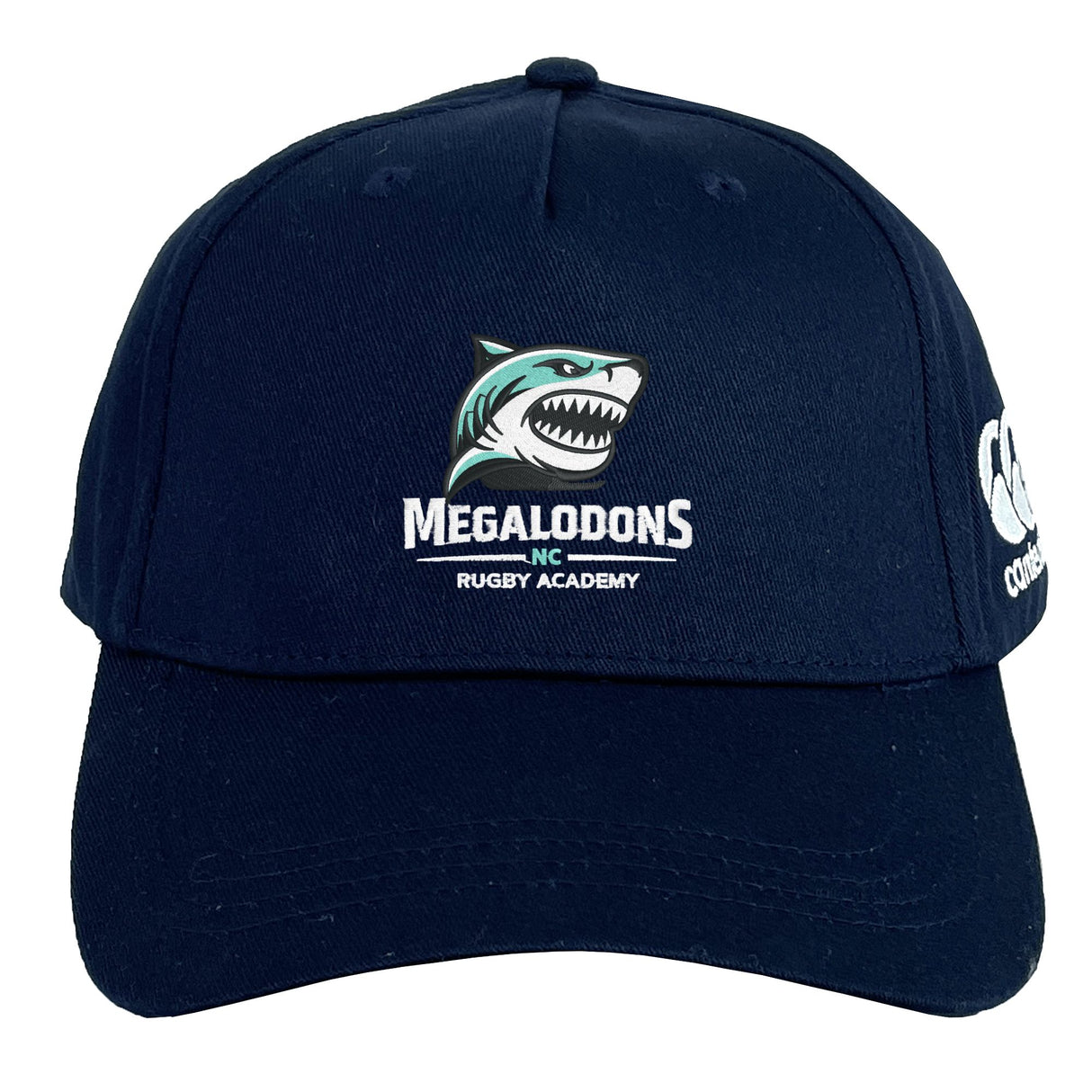 The NC Rugby Academy - Megalodons Flexfit Drill Cap by EMB Canterbury is a navy blue cap with an embroidered shark logo, "Megalodons NC Rugby Academy" text on the front, and a white "CCC" Canterbury logo on the side.