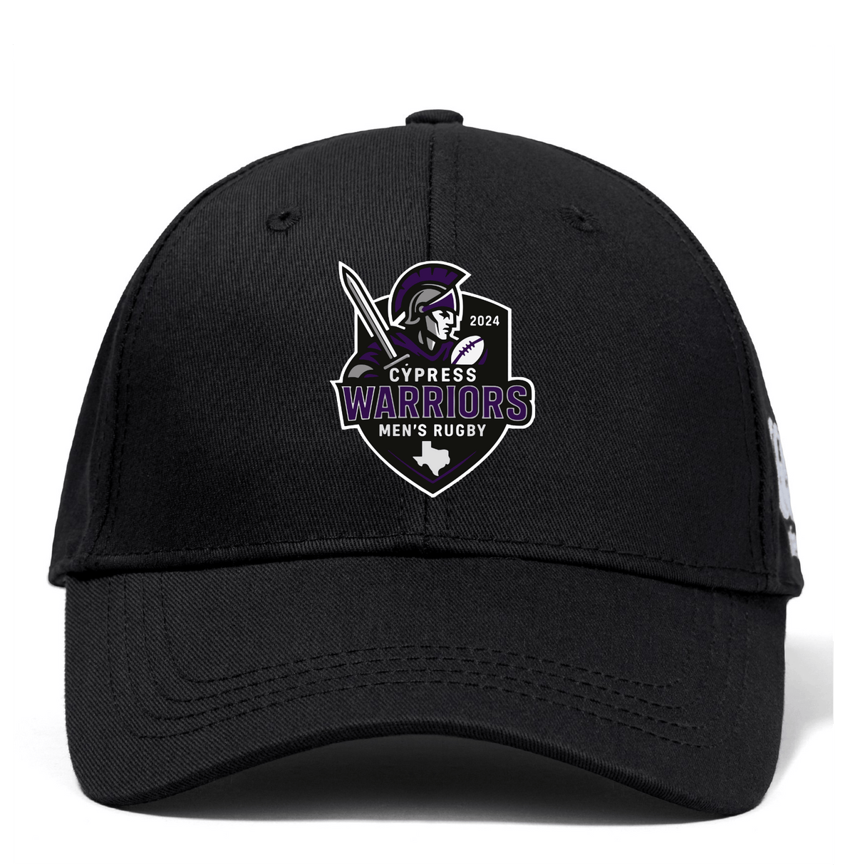 The EMB Canterbury Cypress Warriors Men's Rugby Flexfit Drill Cap features an embroidered "Cypress Warriors Men's Rugby 2024" logo with a helmeted warrior holding a sword on the front.