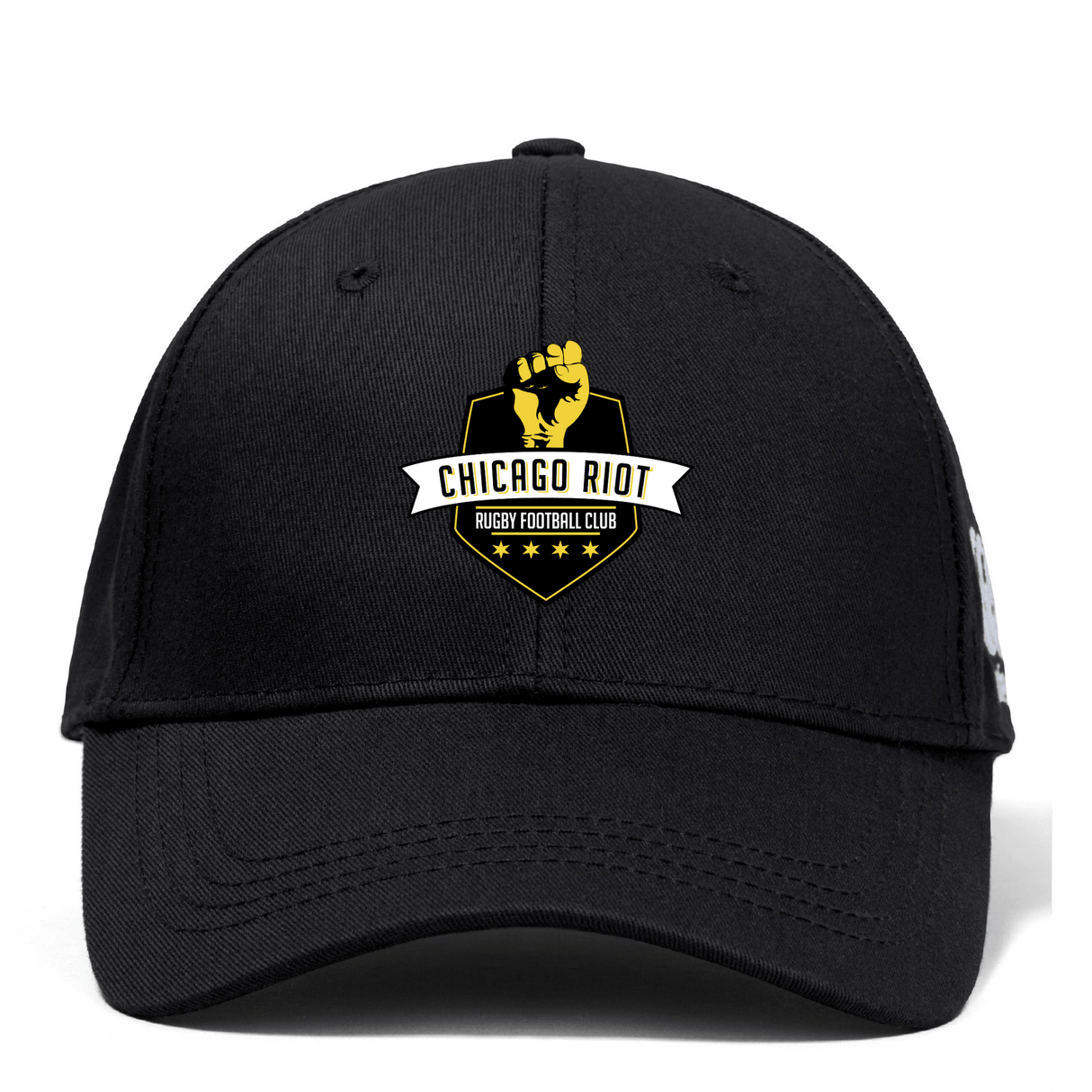 The Chicago Riot Flexfit Drill Cap by Canterbury from EMB Canterbury features a black curved brim and the club’s gold fist and stars logo on the front, offering style and comfort.