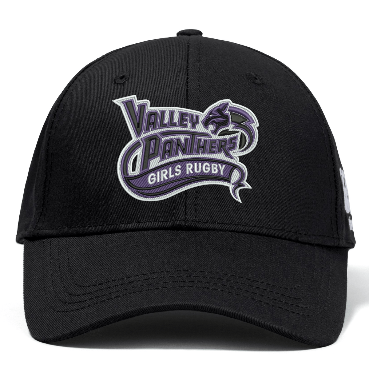 A black Valley Panthers Girls Rugby Flexfit Drill Cap by EMB Canterbury, featuring a purple and white “Valley Panthers Girls Rugby” logo on the front.