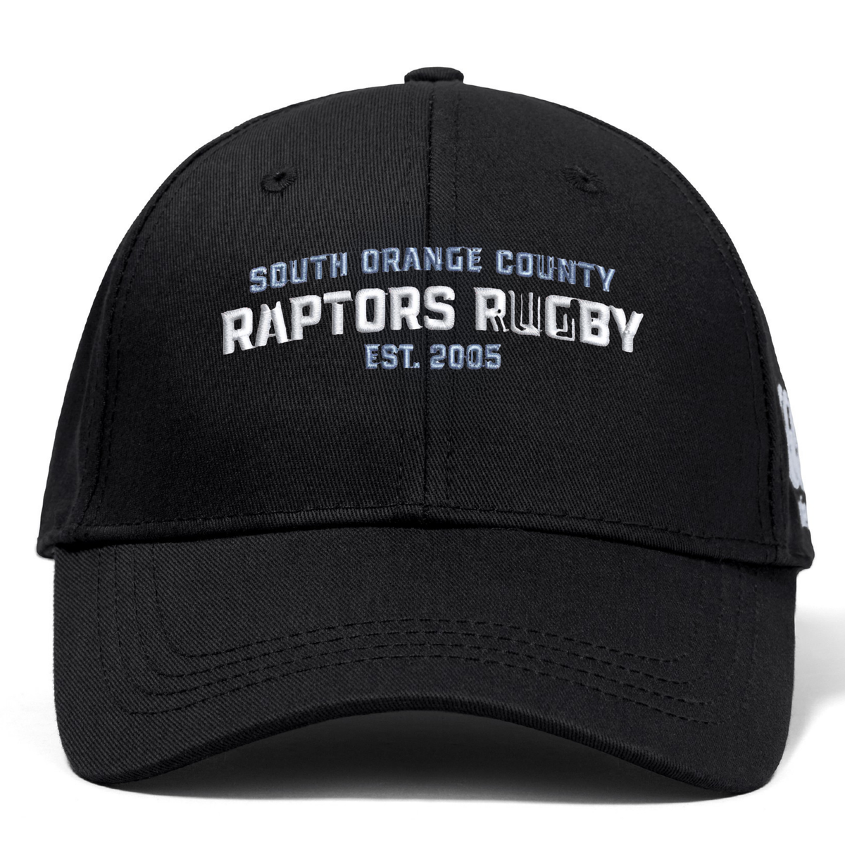 South Orange County Raptors Flexfit Drill Cap by Canterbury from EMB Canterbury, featuring “South Orange County Raptors Rugby Est. 2005” embroidered in white and gray on the front.