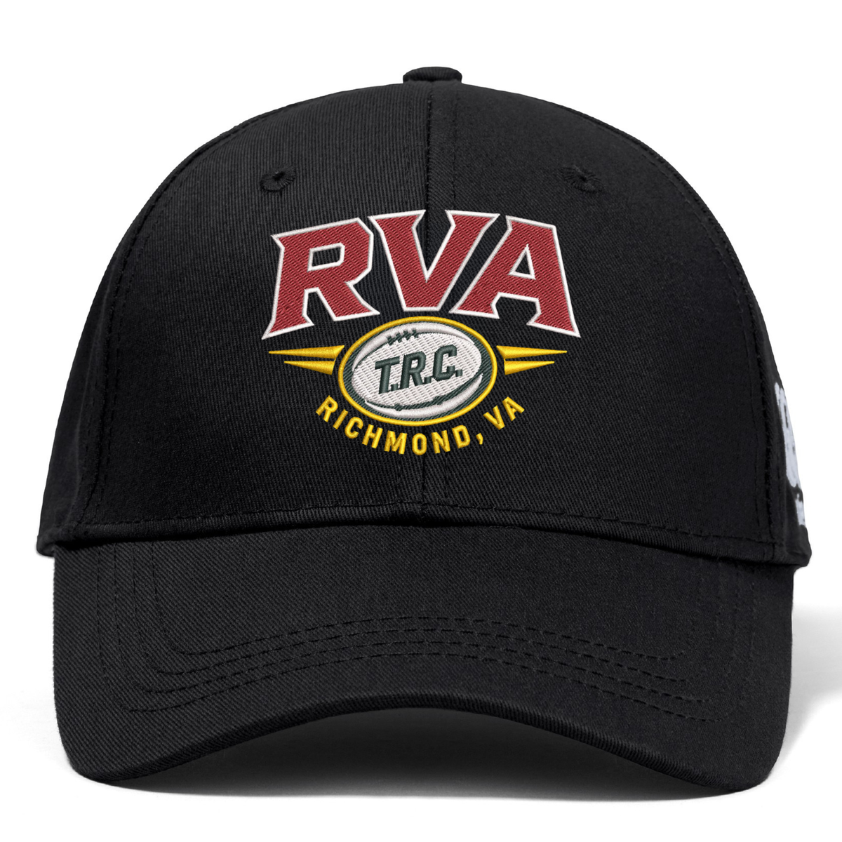 The RVA T.R.C. Flexfit Drill Cap by Canterbury from EMB Canterbury features a classic black design with an embroidered “RVA” logo in bold red letters, a rugby ball graphic, and “Richmond, VA” stitched beneath—an ideal choice for any fan seeking an authentic Canterbury cap style.