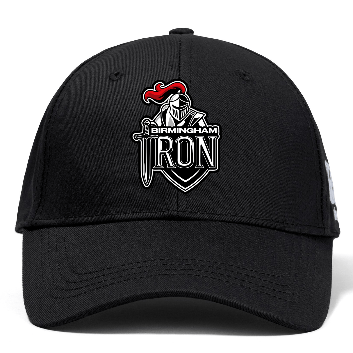 The Birmingham Iron Women's Football Flexfit Drill Cap by EMB Canterbury features the team's embroidered armored knight logo with sword and red plume on the front.