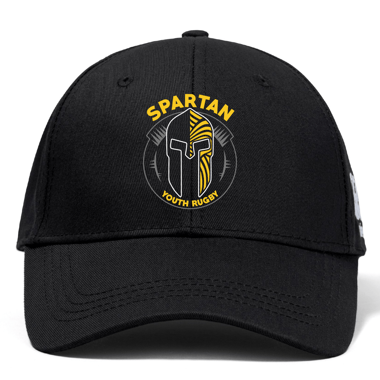The Spartan Youth Rugby Flexfit Drill Cap by EMB Canterbury features a black design with a "Spartan Youth Rugby" logo and stylized black and yellow Spartan helmet, offering classic Canterbury comfort and style.