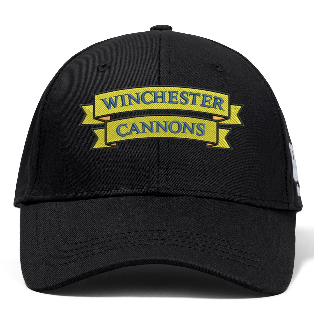 The Winchester Cannons Flexfit Drill Cap by EMB Canterbury features a black curved brim and a double ribbon front design with "Winchester Cannons" in yellow and blue, offering classic Flexfit comfort.
