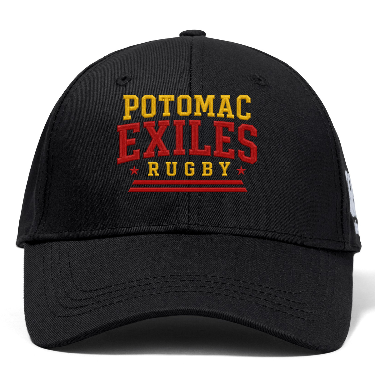 The Potomac Exiles Rugby Club Flexfit Drill Cap by Canterbury from EMB Canterbury features "POTOMAC EXILES RUGBY" embroidered on the front in yellow and red letters, accented with two red stars and horizontal lines beneath the text. This black cap boasts a curved brim and a bold embroidered logo, delivering a distinctive athletic look.