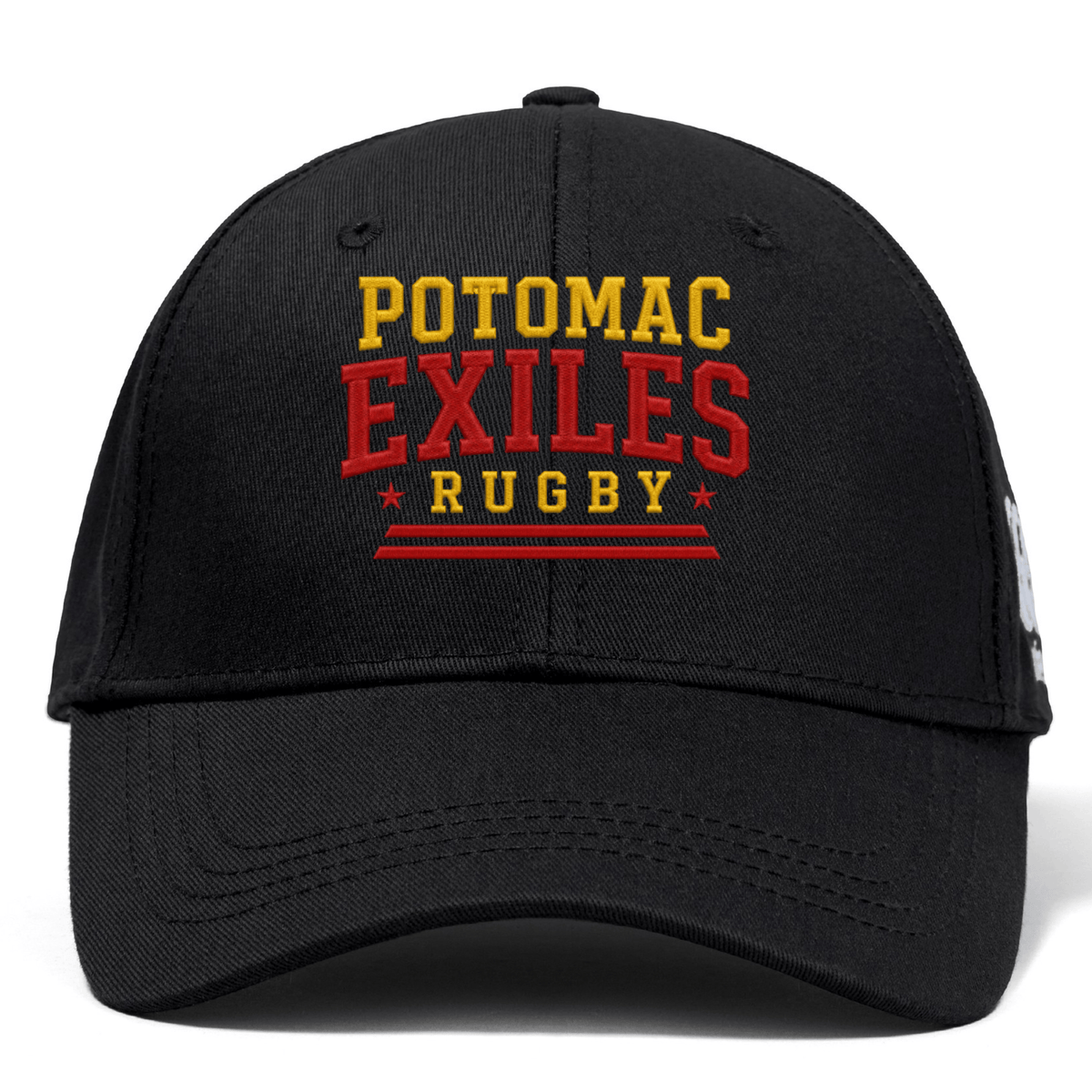 The Potomac Exiles Rugby Club Flexfit Drill Cap by Canterbury from EMB Canterbury features "POTOMAC EXILES RUGBY" embroidered on the front in yellow and red letters, accented with two red stars and horizontal lines beneath the text. This black cap boasts a curved brim and a bold embroidered logo, delivering a distinctive athletic look.