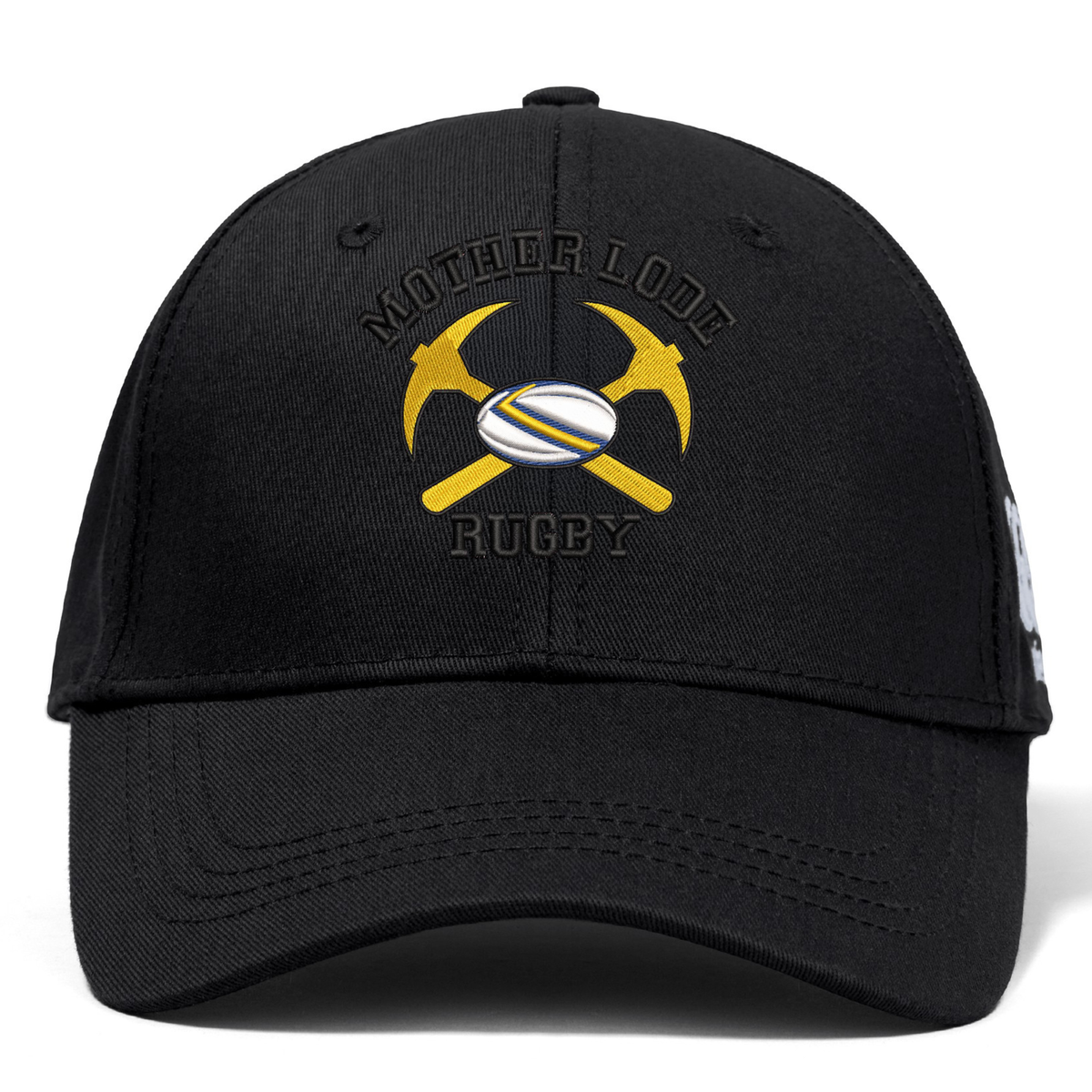 Black Mother Lode Flexfit Drill Cap by Canterbury featuring an embroidered logo of two crossed pickaxes with a rugby ball in the center and the text “MOTHER LODE RUGBY.”