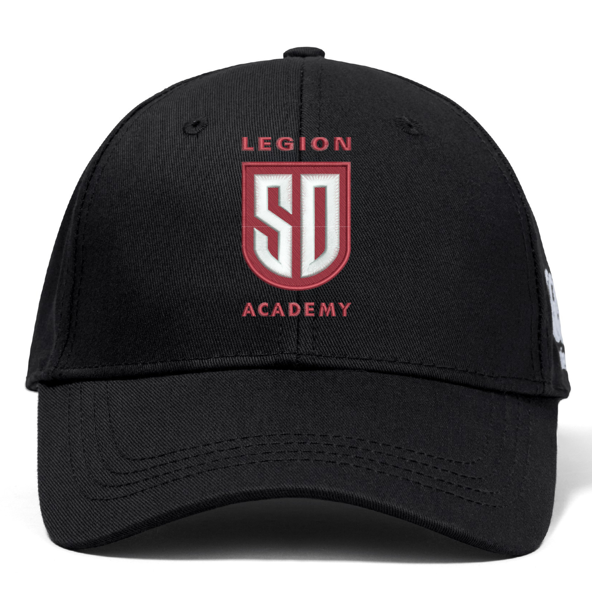 Black Legion Academy Flexfit Drill Cap by Canterbury featuring a white and red crest logo that reads “LEGION SD ACADEMY.”