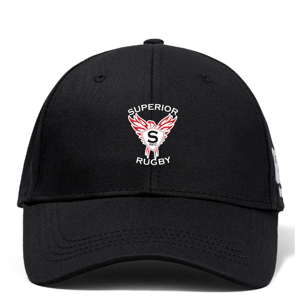 The Superior Rugby Club Flexfit Drill Cap by EMB Canterbury features a black curved brim and an embroidered winged "S" logo on the front, combining comfort and style for rugby fans.