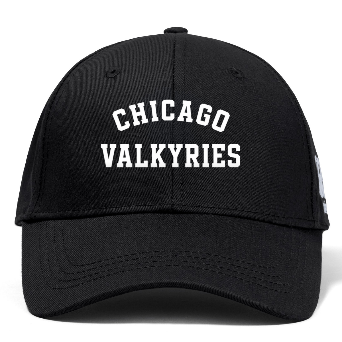 The Chicago Valkyries Flexfit Drill Cap by EMB Canterbury features "CHICAGO VALKYRIES" in bold white lettering across the front and an embroidered logo, offering a stylish and sporty look.