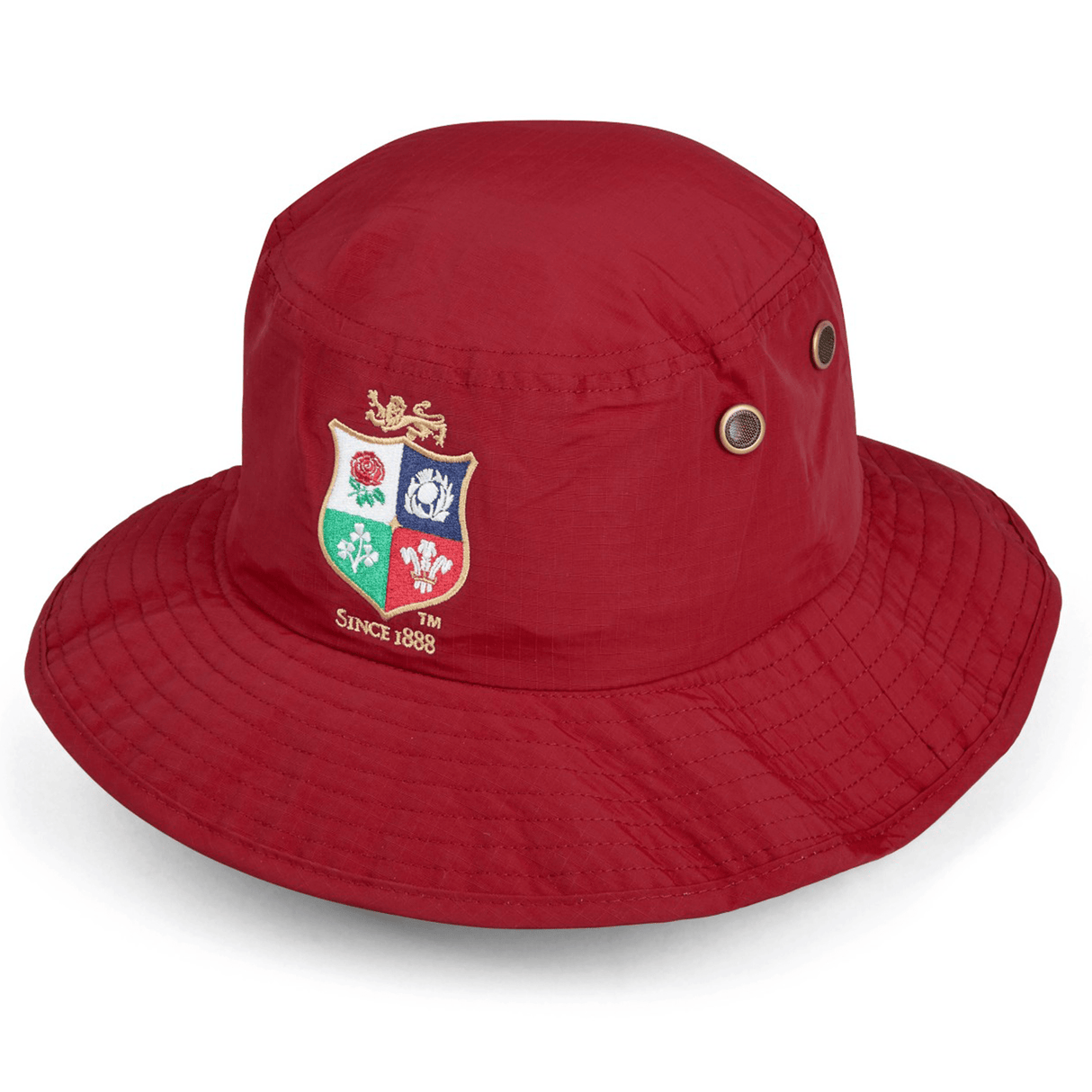 The British & Irish Lions 2025 Wide Brim Bucket Hat by Canterbury features a red design with a wide brim and displays a multicolored crest of a lion and floral symbols alongside the words "Since 1888." Made from quick-dry ripstop fabric, it celebrates the heritage of the British & Irish Lions.