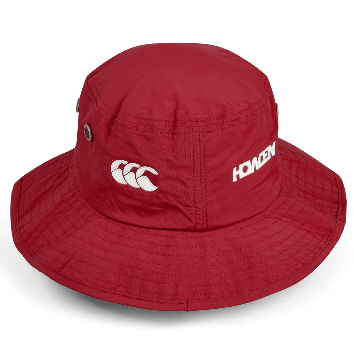 The British & Irish Lions 2025 Wide Brim Bucket Hat by Canterbury is a red hat showcasing a white stylized logo on the left side and "HONZEN" text on the right. Made from quick-dry ripstop fabric, it's an ideal choice for any adventure.