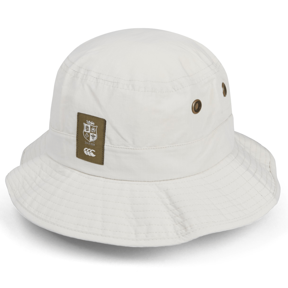 The British & Irish Lions 2025 Outback Wide Brim Bucket Hat by Canterbury is a white bucket hat featuring a stitched logo on one side, ventilation eyelets, and made from quick-dry ripstop fabric for enhanced durability.