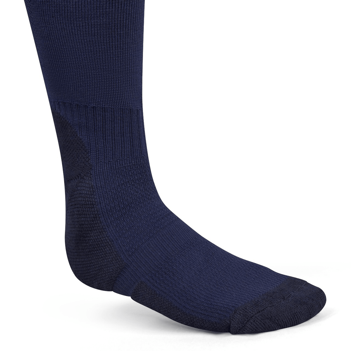 A close-up of a British & Irish Lions 25 Match Sock by Canterbury in navy blue on a person's foot, showcasing the iconic Canterbury logo, set against a plain white background.