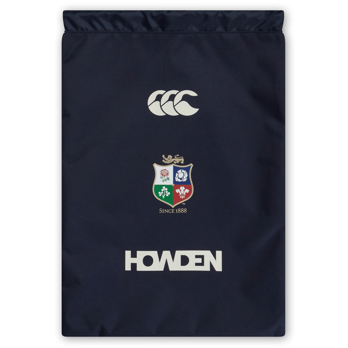 The British & Irish Lions 2025 Gym Sack by Canterbury is a navy blue sports bag designed as a gym sack. It showcases the Canterbury logo next to a crest that reads "Since 1888," with "Howden" elegantly displayed at the bottom. It's an ideal choice for supporters of the British & Irish Lions who want to carry their essentials with heritage and pride.