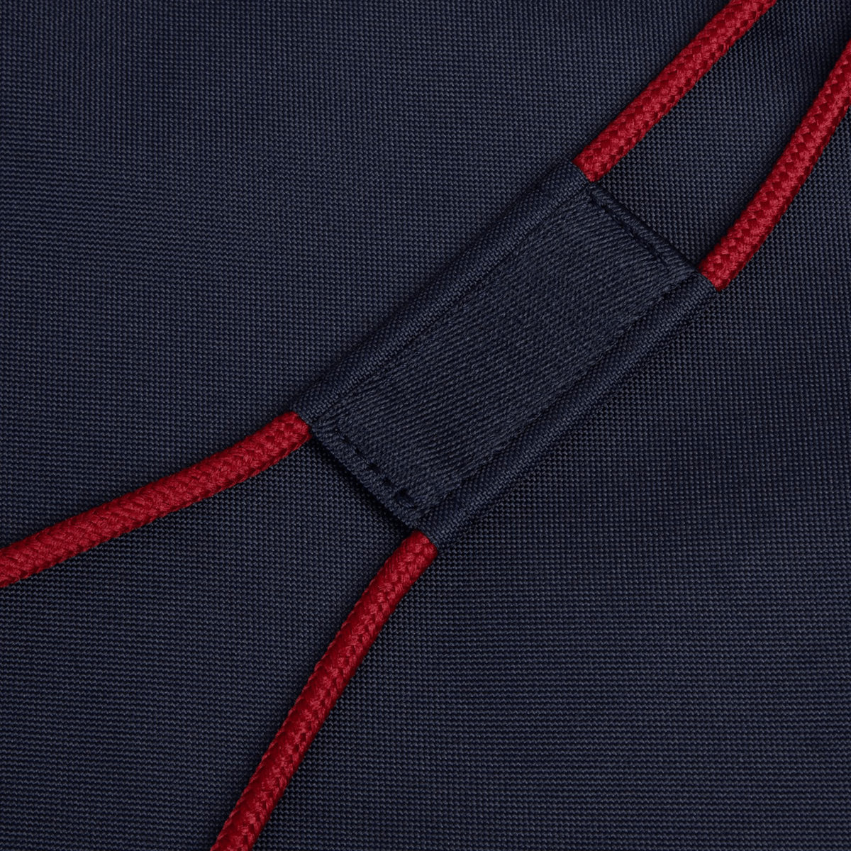 A detailed view of the British & Irish Lions 2025 Gym Sack by Canterbury showcases its dark fabric, adorned with crisscrossed red cords and a rectangular patch at the center, reminiscent of the iconic designs associated with the brand.