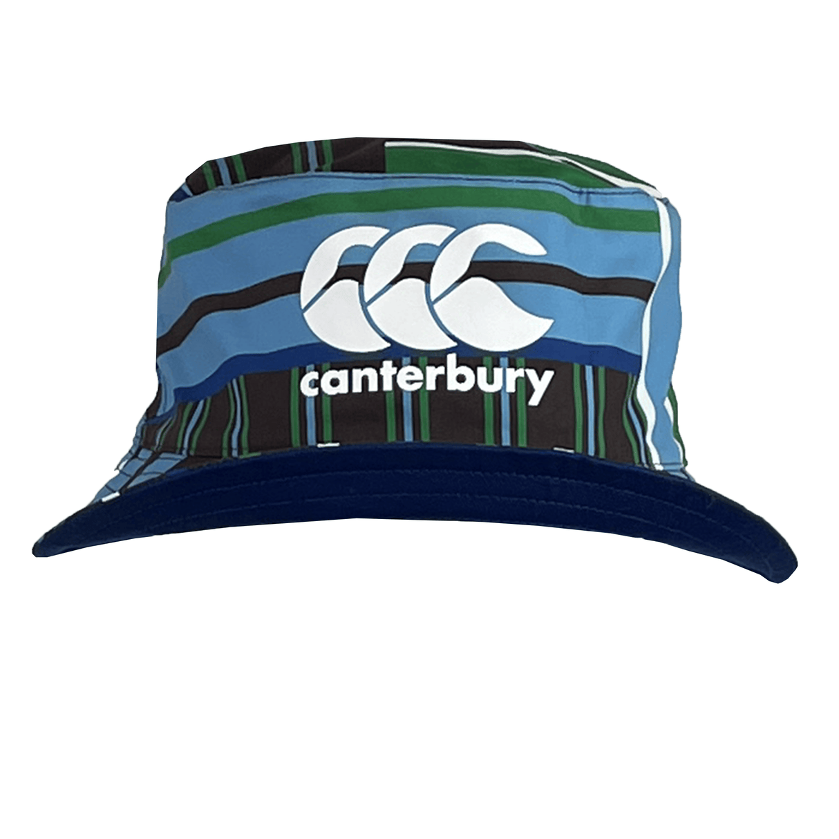 The Uglies Reversible Bucket Hat by Canterbury features the brand's text and logo with bold blue, green, and black stripes. It's part of the exclusive Sportswear Collection.