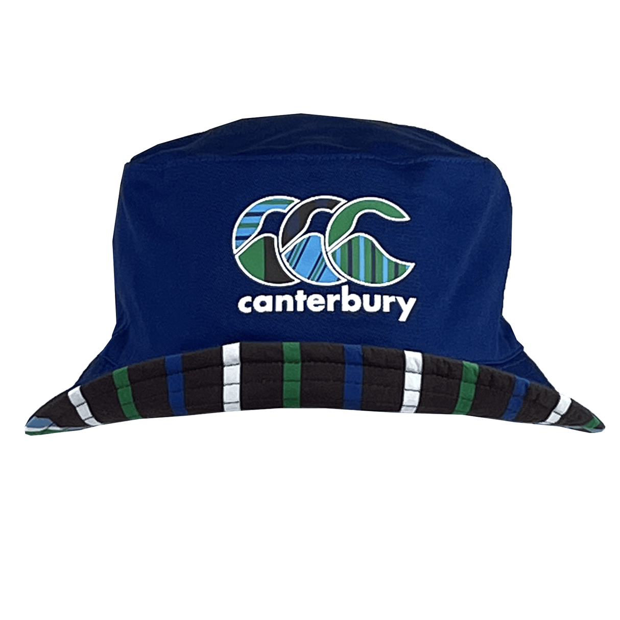 Explore the Uglies Reversible Bucket Hat by Canterbury from our Sportswear Collection—featuring a reversible blue design with the "Canterbury" logo, accented by vibrant green, blue, and white striped brim.