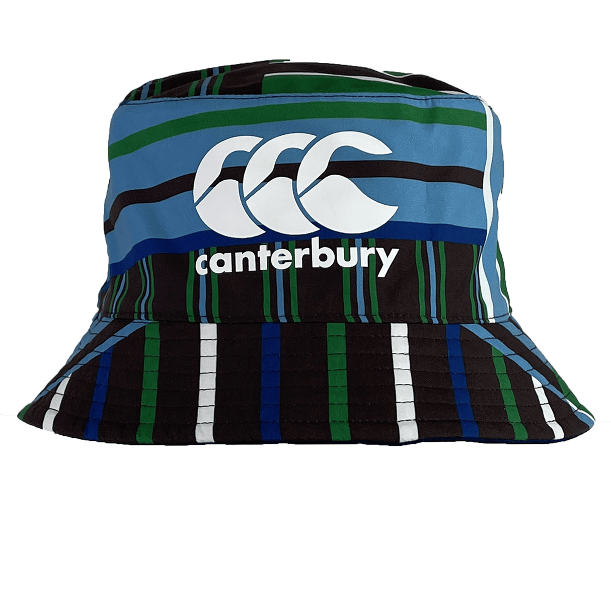 The Uglies Reversible Bucket Hat by Canterbury offers a reversible design with blue, green, white, and black stripes and showcases the Canterbury logo on the front. Part of the Sportswear Collection, it combines style and versatility.