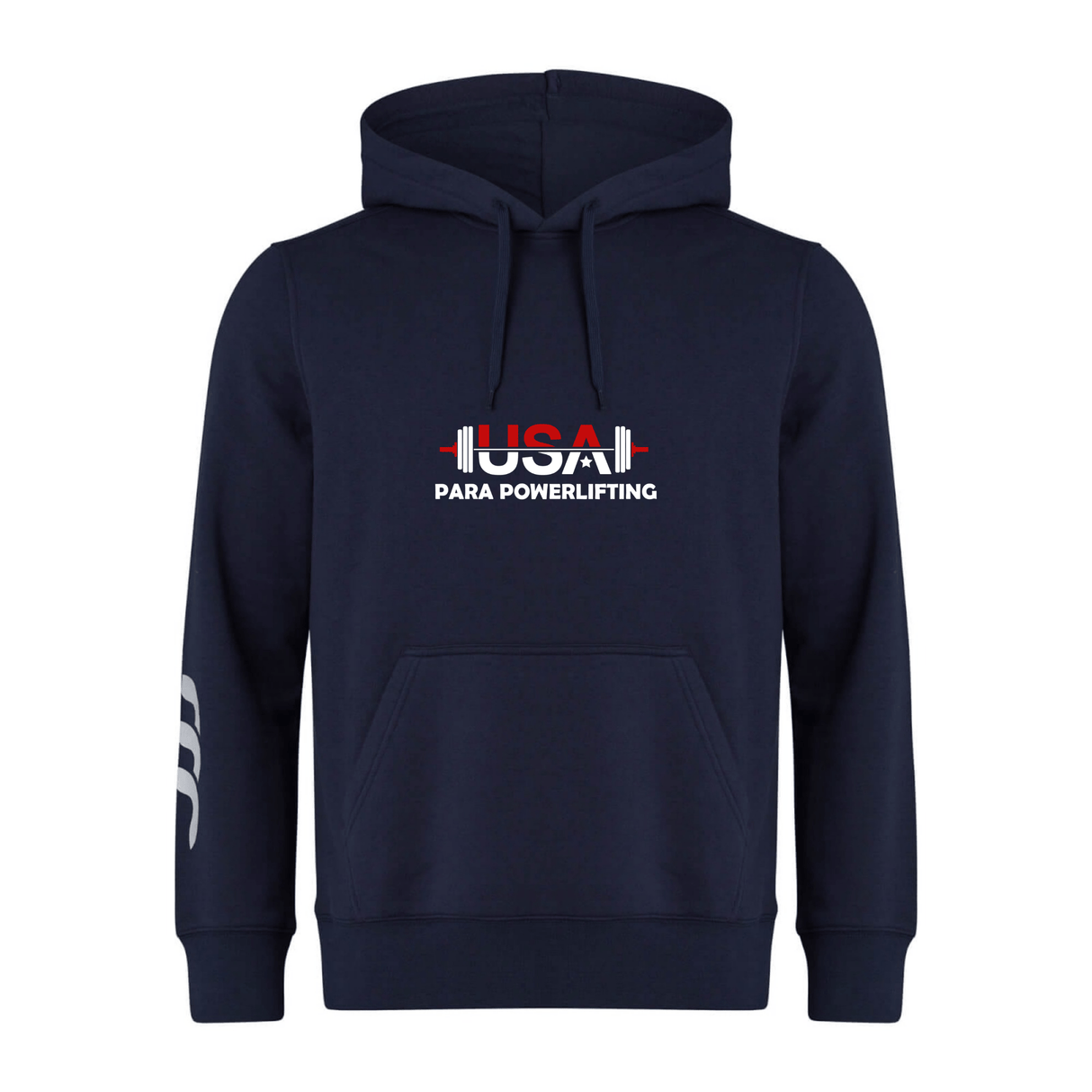 The USA Para Powerlifting Club Hoodie by WRS Canterbury features navy blue fabric, "USA Para Powerlifting" and a barbell graphic on the chest, a front pocket, and drawstring hood—blending classic Rugby Club style with modern versatility.