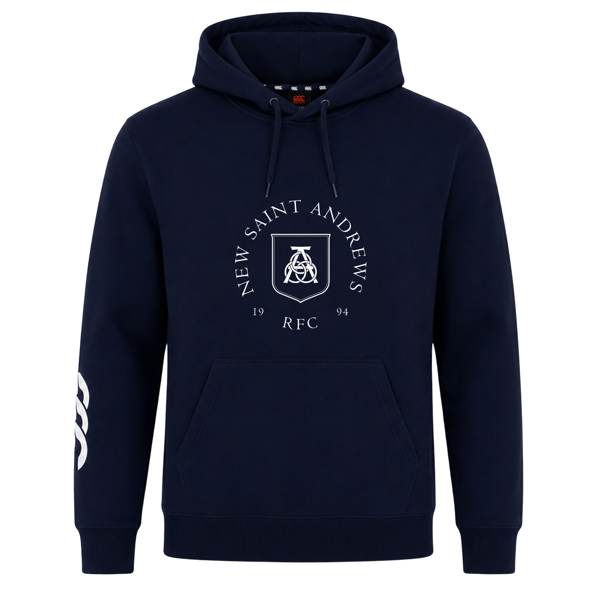Show your team pride with the New Saint Andrews College Club Hoodie by Canterbury. This navy blue hoodie from WRS Canterbury features a front pocket, the “New Saint Andrews RFC 1994” text and crest printed on the chest, plus a distinctive white design on the right sleeve—making it the perfect rugby club hoodie for any supporter.