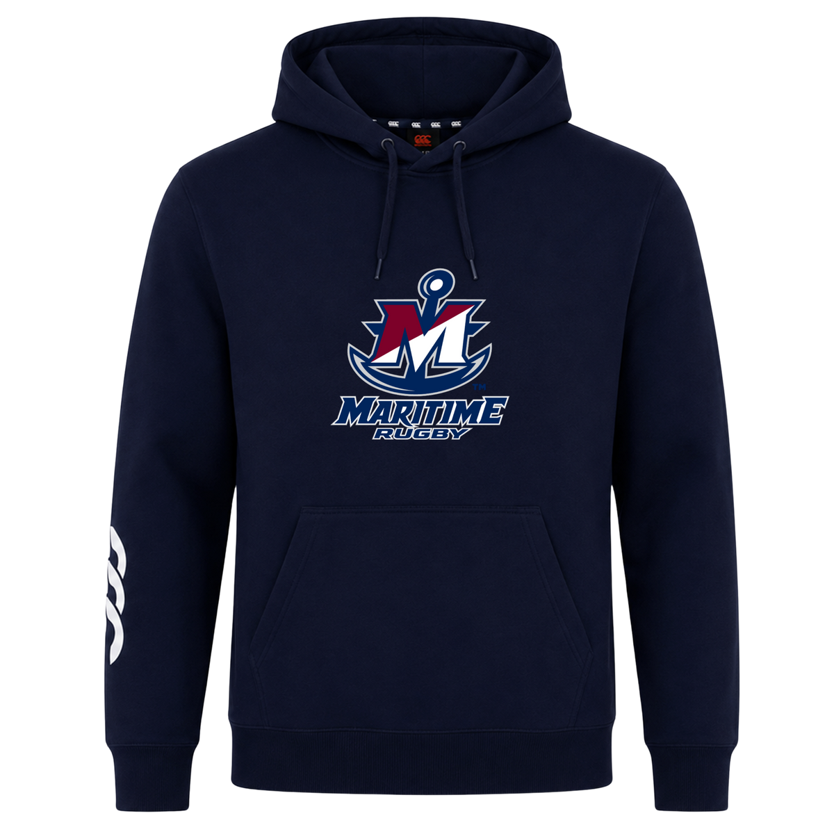 Navy blue SUNY Maritime Men’s Rugby Club Hoodie by Canterbury featuring a central “Maritime Rugby” anchor logo and a white logo print on the right sleeve.