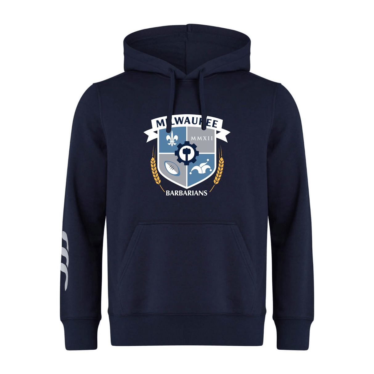The Milwaukee Barbarians Rugby Club Hoodie by WRS Canterbury features a front crest, “Milwaukee Barbarians” text, white sleeve graphic, and drawstrings—ideal for rugby fans and players.