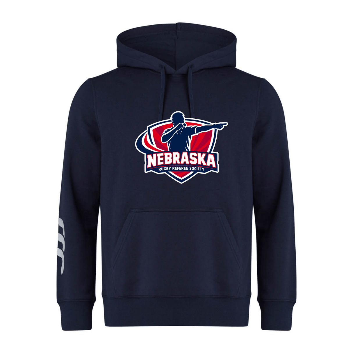 The Nebraska Rugby Referee Society Club Hoodie by Canterbury from WRS Canterbury features a navy blue design, referee graphic and logo on the front, plus three white stripes on the left sleeve—ideal for rugby club officials.