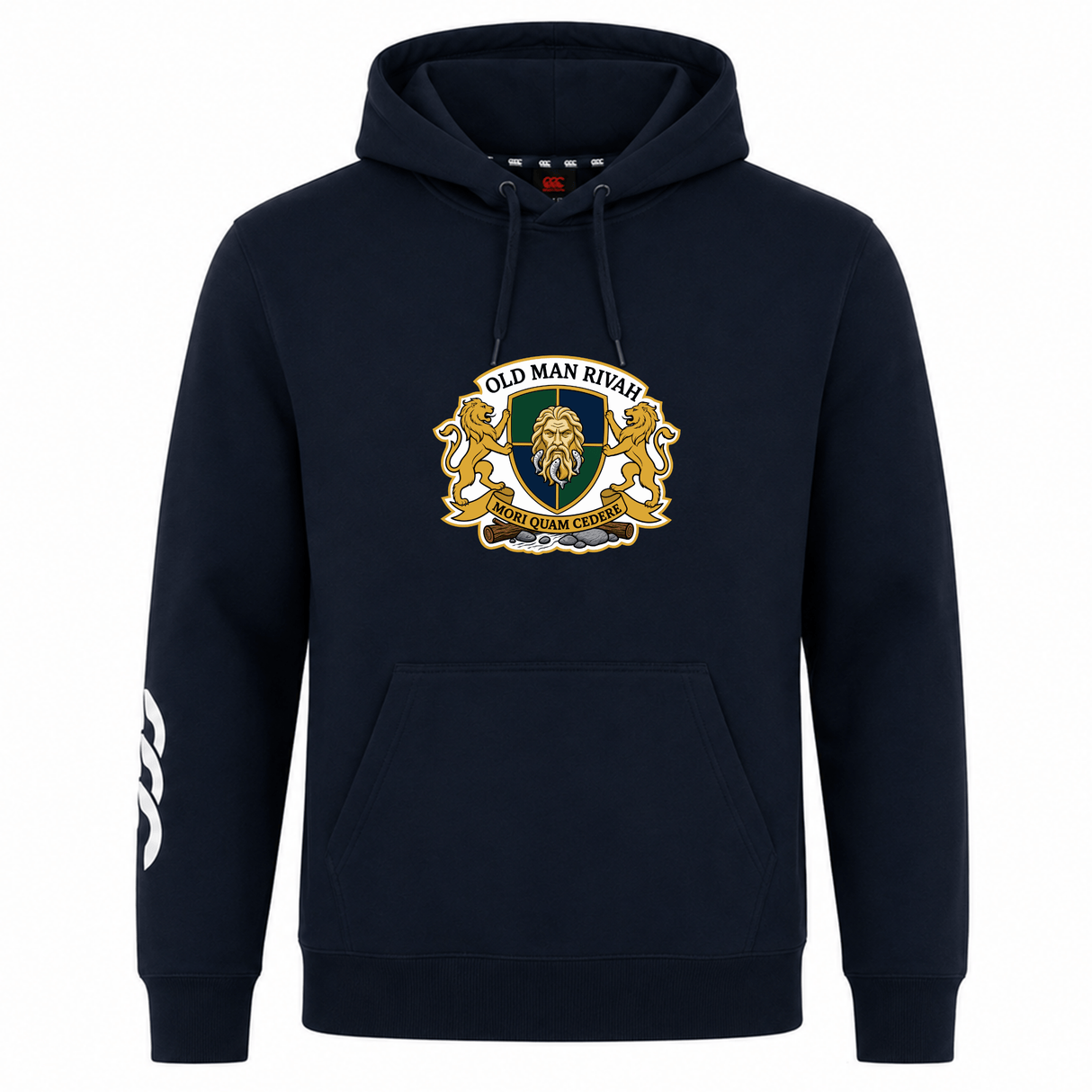 The Old Man Rivah Rugby Club Hoodie by WRS Canterbury is a navy hoodie with a lion crest and "Old Man Rivah" on the chest, plus a custom white design on the right sleeve.