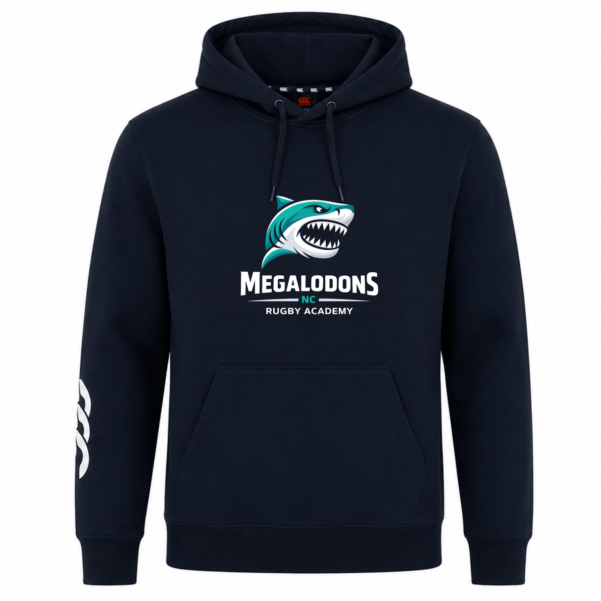 The NC Rugby Academy - Megalodons Club Hoodie by WRS Canterbury features a navy blue design, stylized shark logo, "Megalodons NC Rugby Academy" front print, and three white stripes on the left sleeve—ideal for rugby fans.