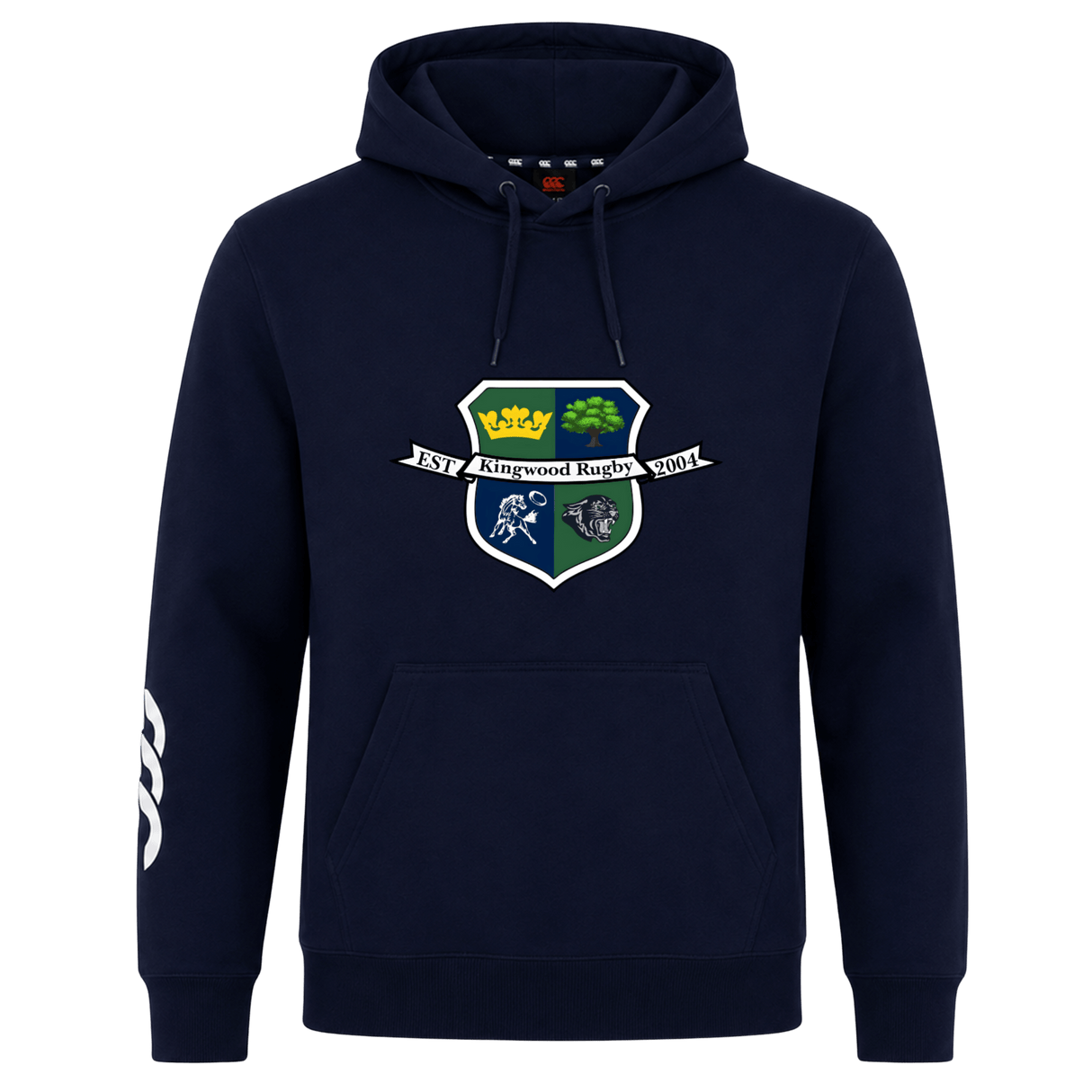 The Kingwood Rugby Club Hoodie by Canterbury from WRS Canterbury is a navy blue hoodie with a crest, “JSJ Kingwood Rugby 2004” text, and white stripes on the right sleeve.