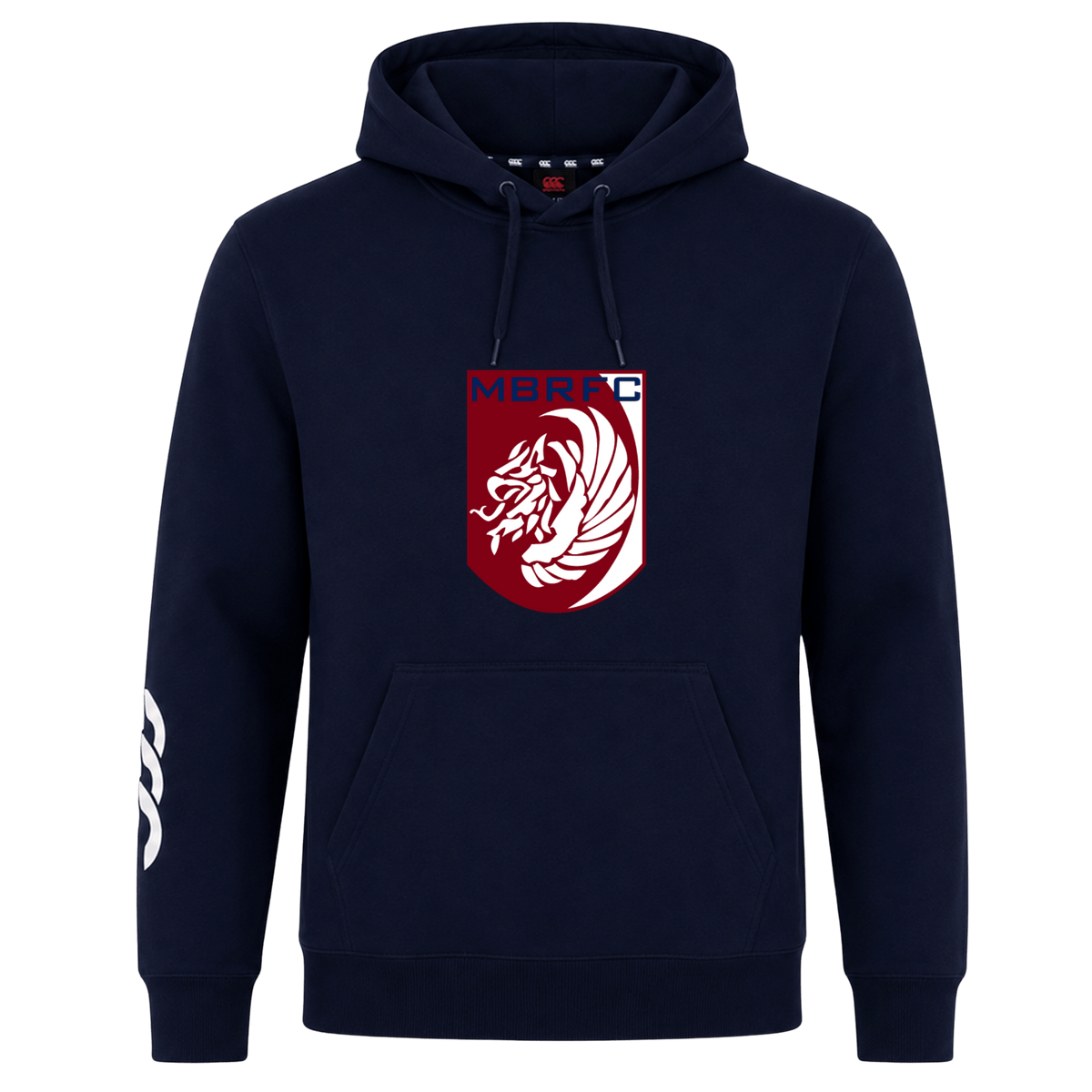 The Montgomery Bucks Griffins Club Hoodie by WRS Canterbury features a navy design with a red and white lion crest, "MBRFC" on the chest, a front pocket, and a white sleeve graphic—offering comfort and classic club style.